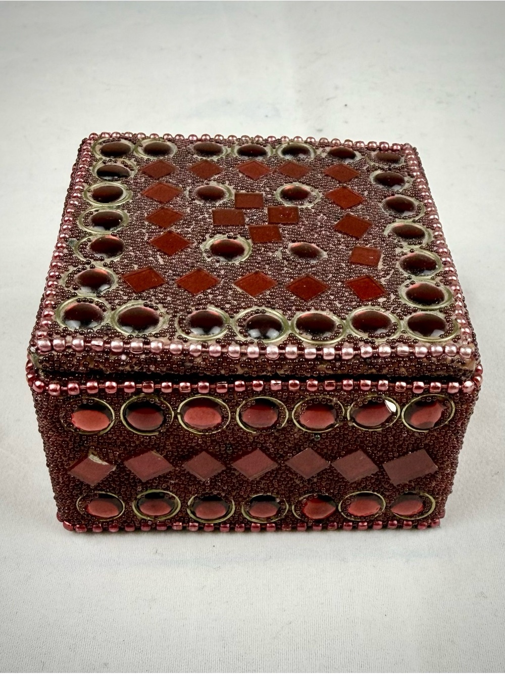 Vintage Pier 1 Style Handmade Red Beaded Mirrored Trinket Keepsake Box